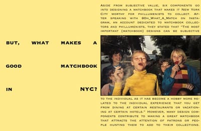 Pale yellow spread asking "But, what makes a good matchbook in NYC?" beside a snapshot of children on a street