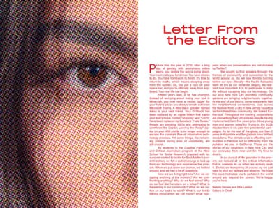 Letter From the Editors spread with a halftone close-up of an eye
