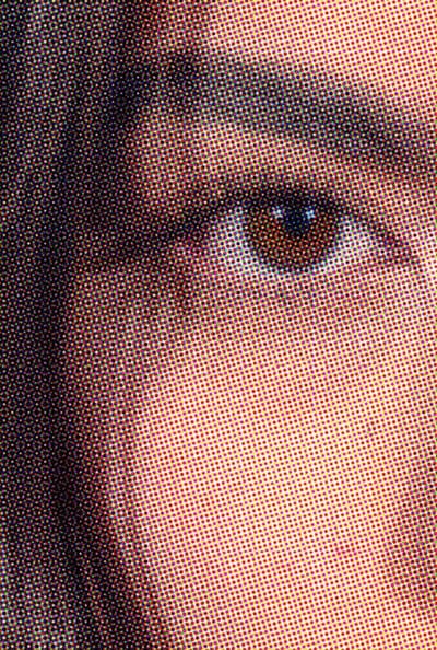 Halftone close-up of a brown eye, brow and cheek