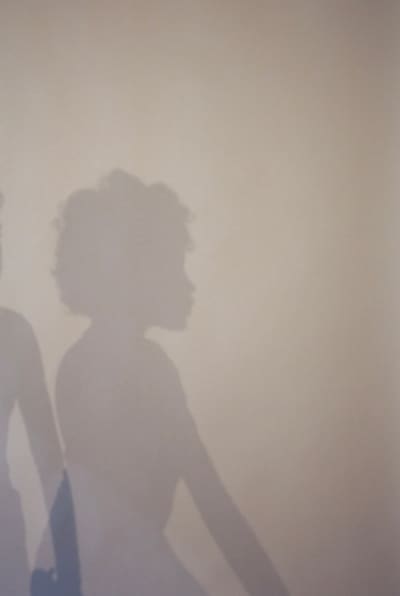 Soft grey shadows of two figures on a pale wall
