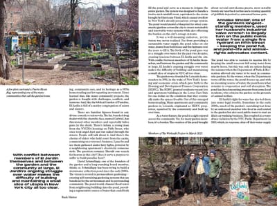 Community-garden spread: raised beds with a Puerto Rican flag; three people and a dog by a painted sign