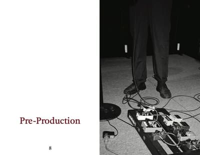 Section opener "Pre-Production" beside a black-and-white photo of legs standing over a guitar pedalboard