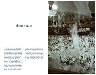 Spread titled "about nüülee" with two text columns and a photo of white fibre tumbling into machinery