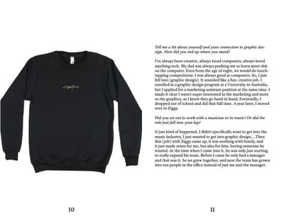 Spread with a black crewneck sweatshirt product photo and the first interview questions