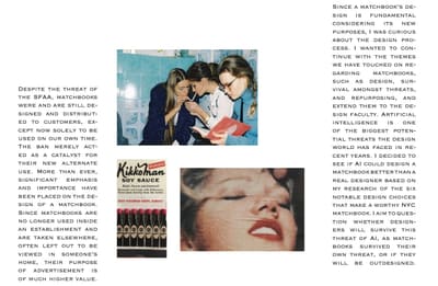 Spread: three people lighting cigarettes in a tiled room, a Kikkoman matchbook and a close-up of red lips