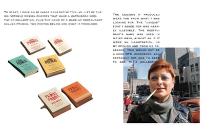 Spread: six AI-generated "Primos" matchbooks and a street photo of a person with a cigarette in their mouth