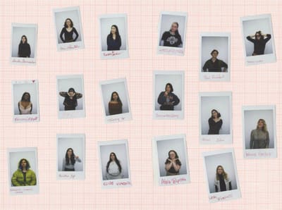 Spread of staff instant-film portraits scattered on pink grid paper