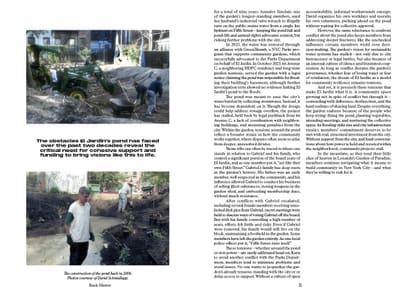 Spread with photos of a garden pond being built beside two columns of text