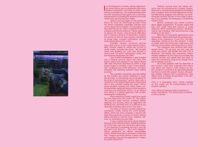 Pink text spread with a small photo of a person slumped in a green diner booth