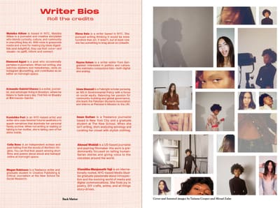 Writer Bios spread on peach grid paper beside a photo collage from the cover shoot