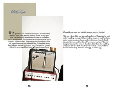 Spread with a mushroom illustration labelled "Dancing in the Dark", a vintage amplifier photo and an interview page