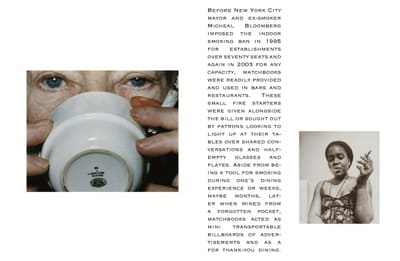 Booklet spread: close-up of a person drinking from a white cup, a narrow text column, and a small portrait with a cigarette