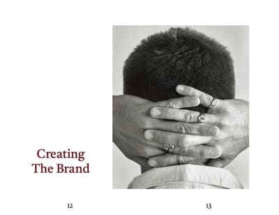 Section opener "Creating The Brand" beside a black-and-white photo of ringed hands clasped behind a head
