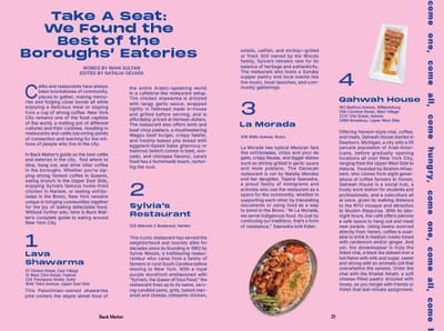 Pink restaurant-guide spread with blue headline and food cut-outs, entries 1 to 4