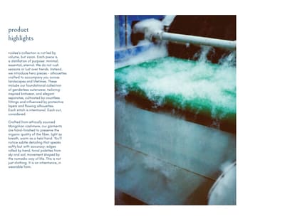 Spread titled "product highlights" with a photo of white fibre billowing over a green machine bed