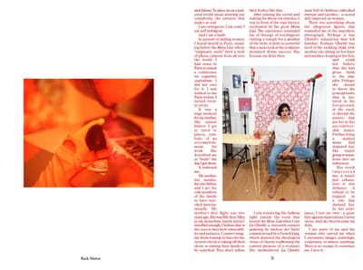 Red-lit photo of a hand holding a dark fruit over small photographs, beside red text wrapped around a photo of a person in a home studio