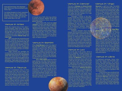 Blue astrology spread with yellow Venus-sign headings and planet images