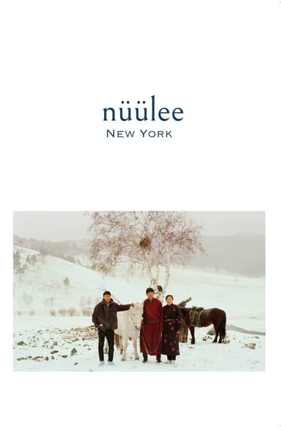 nüülee New York pamphlet cover above a photo of three people and two horses in a snowy landscape