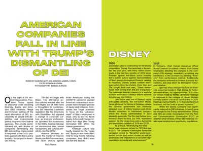 American Companies Fall in Line With Trump's Dismantling of DEI: black-outlined lime headline and DISNEY section